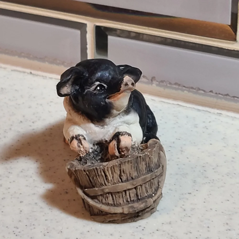 Black and White Pig Figurine With Barrel Super Cute Collectible